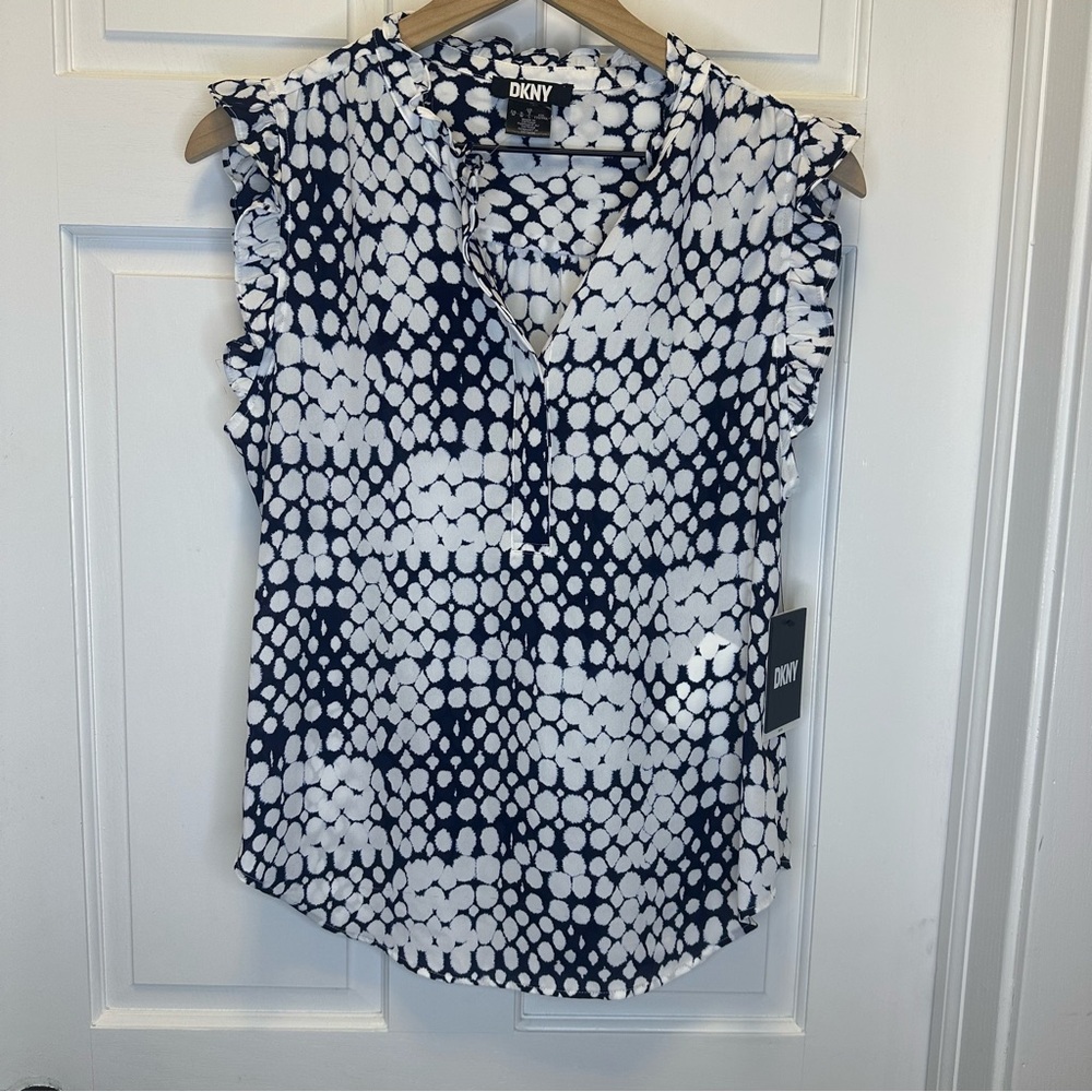 DKNY Women's Blue and White Polka Dot‎ Top